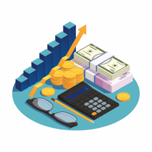 Pénzügy-számvitel illusztráció pénzzel, számológéppel és grafikonnal